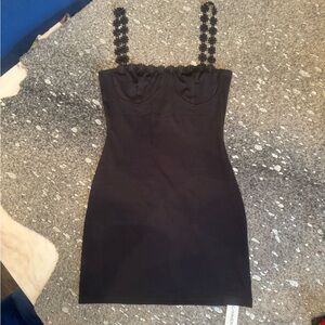 Commense Black Mini Dress with Floral Crochet Straps